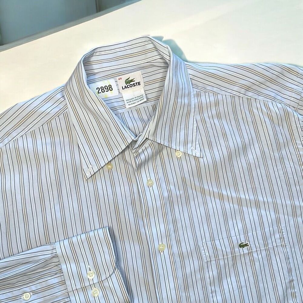 Lacoste Button Up Shirt Mens Size XL Grey Black Blue‎ Striped Long Sleeve Logo